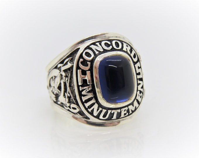 Vintage Sterling Silver Concord 1973 High School Blue Sapphire Cabochon Men's Ring Size 8.25