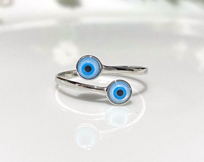Sterling Silver Evil Eye Blue, White, Black Eye Bypass Ring.