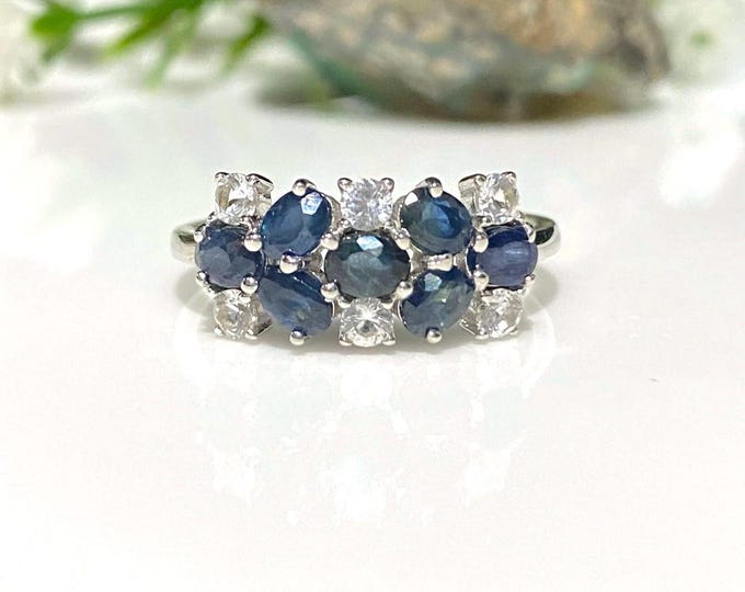 Vintage Sterling Silver Natural Blue Sapphire & White Topaz Ring Size 8