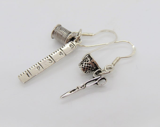 Vintage Sterling Silver Ruler, Spool, Scissors, and Thimble Dangle Earrings