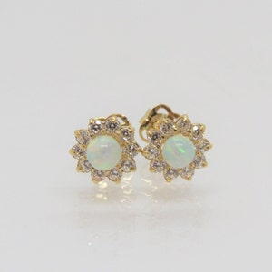 Vintage 14K Solid Yellow Gold White Opal & White Topaz Tiny Stud Earrings