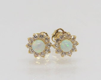 Vintage 14K Solid Yellow Gold White Opal & White Topaz Tiny Stud Earrings