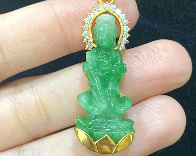Vintage 18K Solid Gold Natural Green, White Jadeite Jade & White Topaz Kwan Yin Buddha Pendant Phat Ba Quan Am