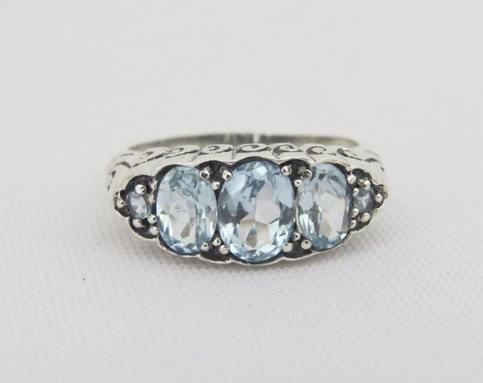 Vintage Sterling Silver Oval Aquamarine Carved Ring Size 7