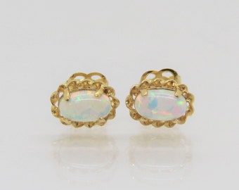 Vintage 14K Solid Yellow Gold Oval White Opal Stud Earrings.