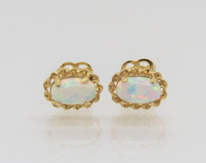 Vintage 14K Solid Yellow Gold Oval White Opal Stud Earrings.