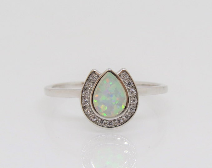 Vintage Sterling Silver White Opal & White Topaz Horse Shoe Ring Size 8