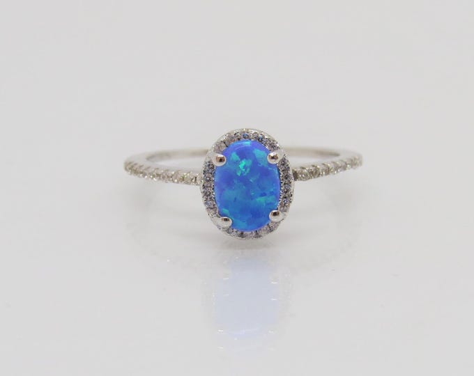 Vintage Sterling Silver Blue Opal & White Topaz Engagement Ring Size 8