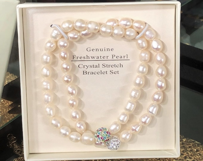 Genuine Freshwater Pearl Crystal Stretch Vintage Bracelet Set.