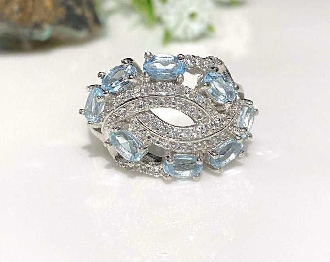 Vintage Sterling Silver Natural Aquamarine & White Topaz Ring Size 8