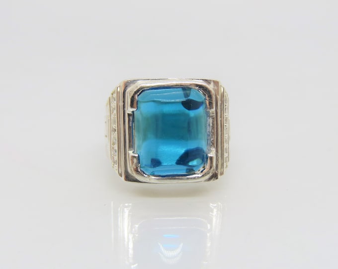 Vintage Sterling Silver London Blue Topaz & White Topaz Men's Ring Size 8