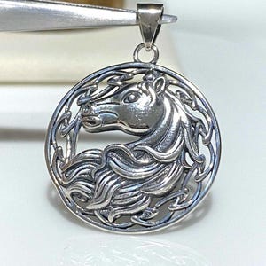 May include: Silver pendant featuring a detailed Celtic knot design with a horse's head in the center.