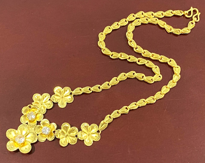 Vintage 24K 980 Gold White Topaz Flower Chain Necklace 16''
