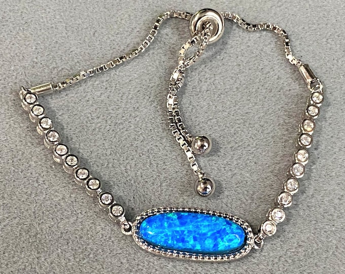 Sterling Silver Blue Opal & White Topaz Adjustable Vintage Bracelet.