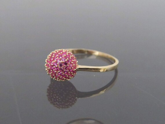 Vintage 18K Solid Yellow Gold Ruby Ball Pave Ring… - image 3