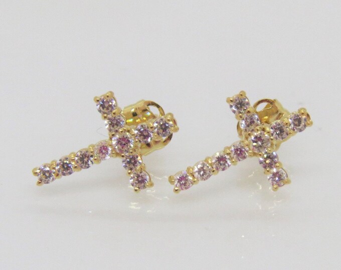 Vintage 14K Solid Yellow Gold White Topaz Cross Stud Earrings