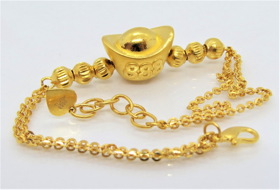 24K 999 Pure Gold 3D Goldfish With Money Coin Link Chain