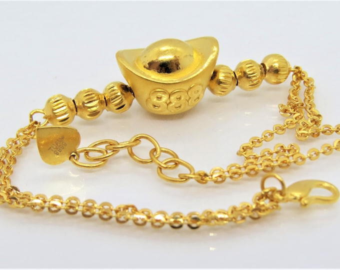 24K 999 Pure Gold 3D Goldfish with Money Coin Link Chain Vintage Bracelet 7 6/8''