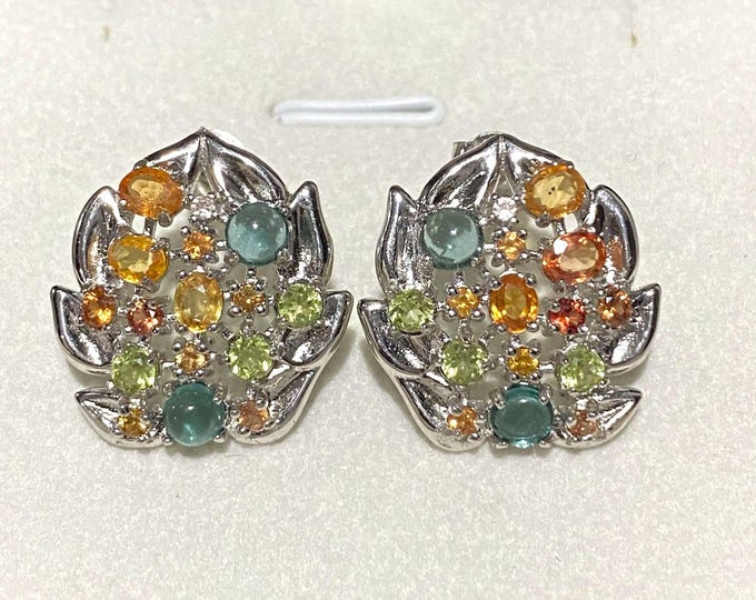 Vintage Sterling Silver Natural Green, Orange & Yellow Sapphire Earrings