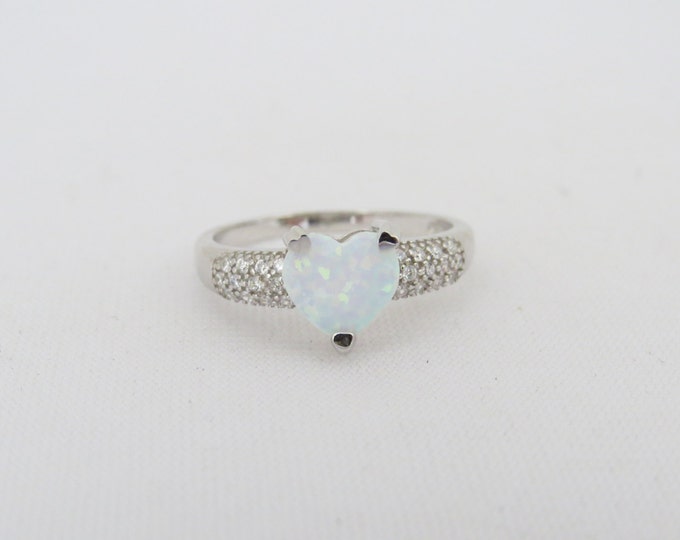 Vintage Sterling Silver White Opal & White Topaz Pave Ring Size 10