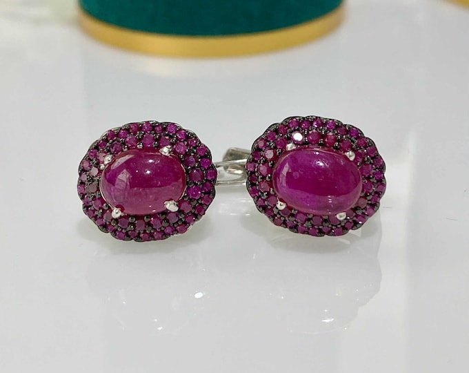 Vintage Sterling Silver Natural Oval Ruby Halo Earrings.