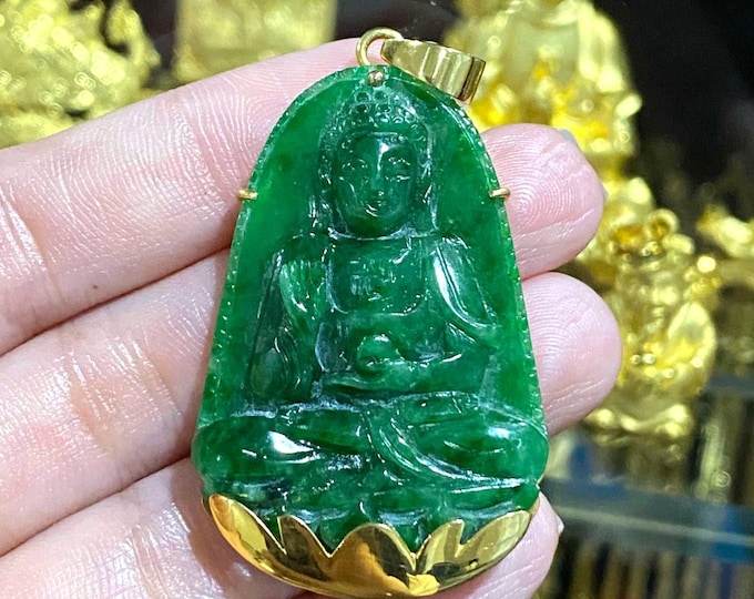 Vintage 18K Solid Yellow Gold Natural Emerald Green Jadeite Jade Buddha Pendant Mat Phat Bon Su