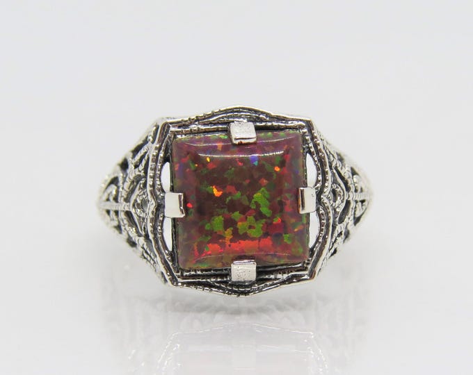Vintage Sterling Silver Orange Green Opal Filigree Ring Size 7