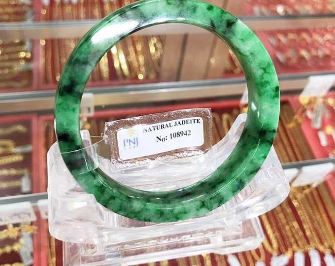 Vintage Translucent Natural Floral Green, White Jadeite Jade Bangle Bracelet 57.1MM