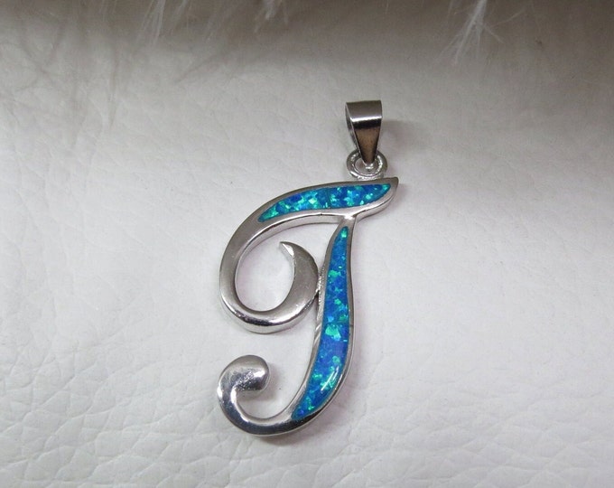 Sterling Silver Blue Opal Letter T Pendant