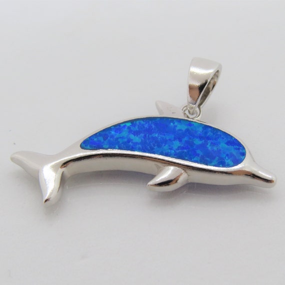 Vintage Sterling Silver Blue Opal Dolphin Pendant - image 2