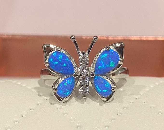 Vintage Sterling Silver Blue Opal & White Topaz Butterfly Ring.