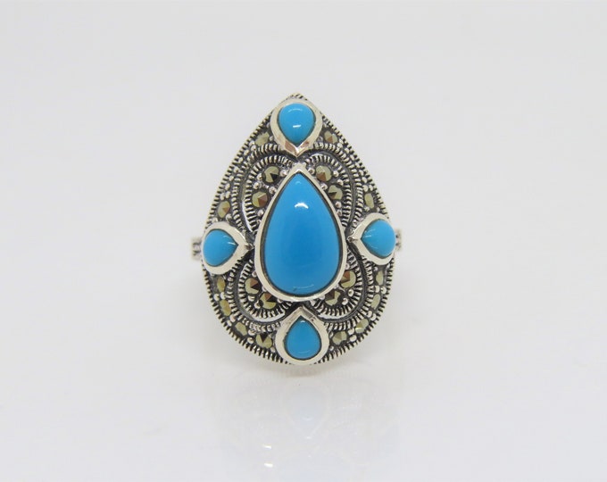 Vintage Sterling Silver Turquoise & Marcasite Ring Size 6