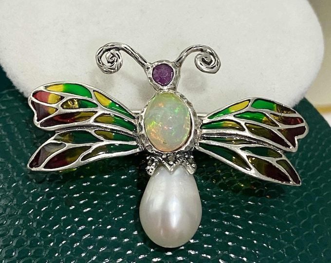 Vintage Sterling Silver Natural Fire Opal, Ruby & White Pearl Butterfly Brooch