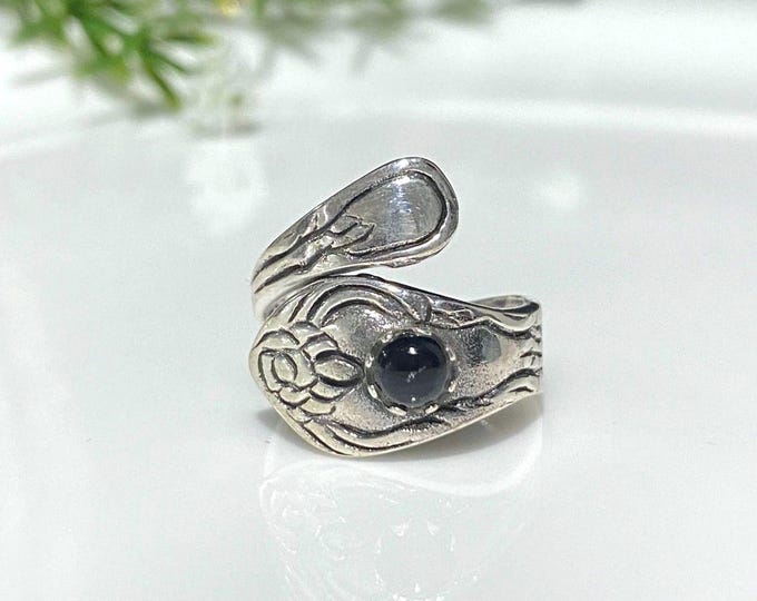 Sterling Silver Black Onyx Spoon Ring.