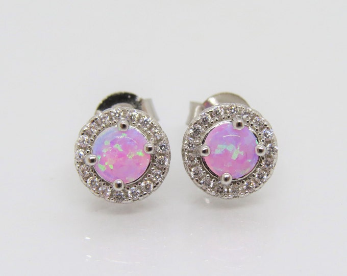 Vintage Sterling Silver Pink Opal & White Topaz Halo Earrings