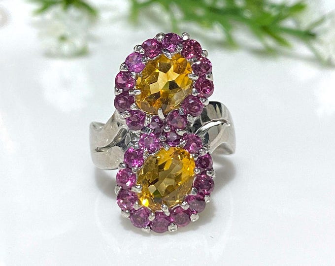 Vintage Sterling Silver Natural Rhodolite, Citrine Ring Size 8