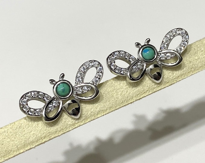 Sterling Silver Turquoise & White Topaz Bee Earrings.