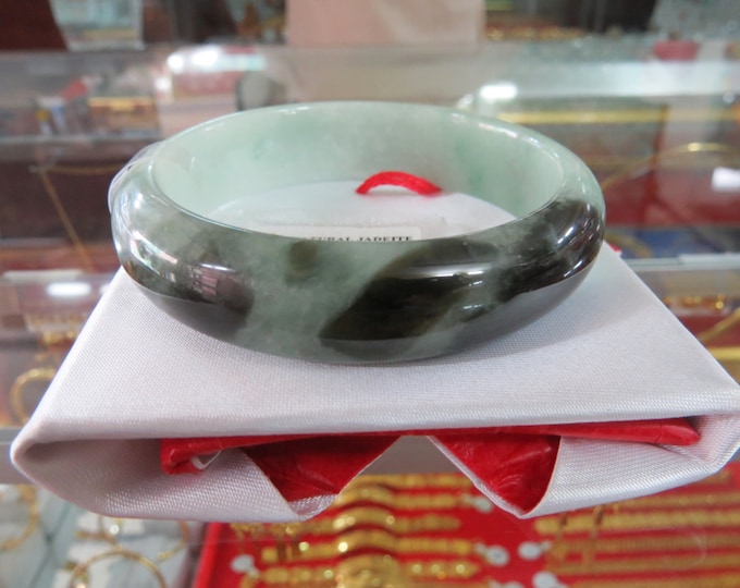 Vintage Natural Green Black Jadeite Jade Wide Bangle Bracelet 57.3MM