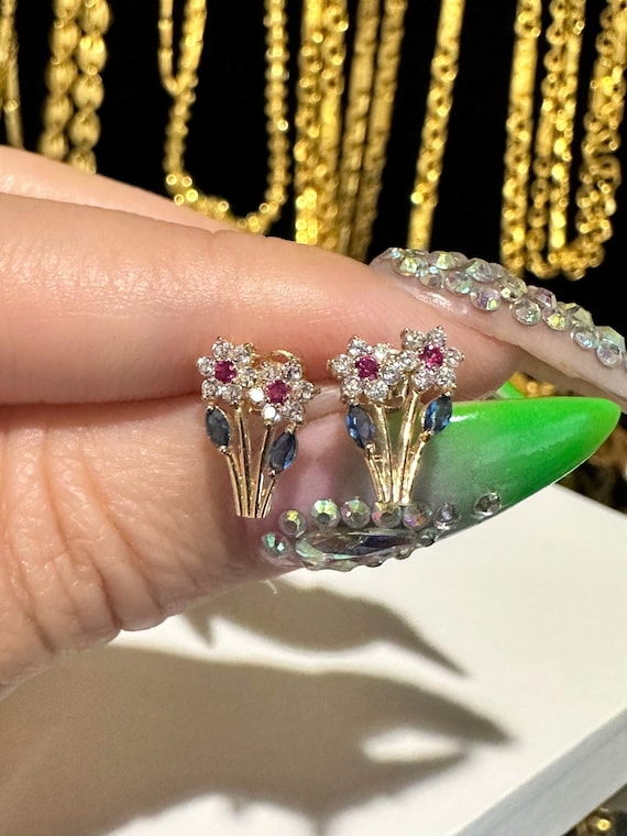 Vintage 14K Solid Yellow Gold Ruby, Blue Sapphire… - image 4