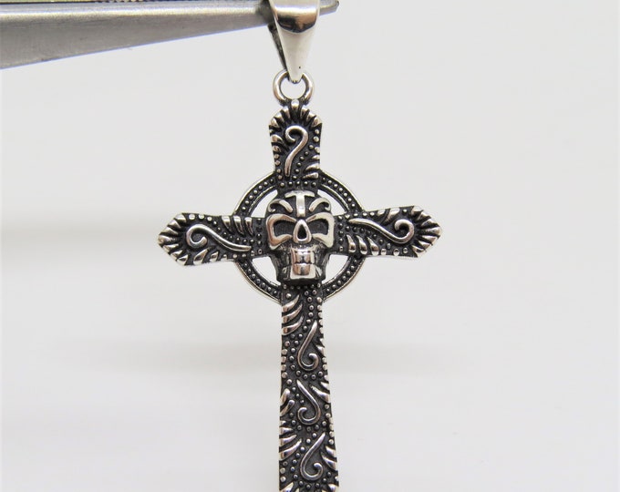 Vintage Sterling Silver Skull Carved Cross Pendant