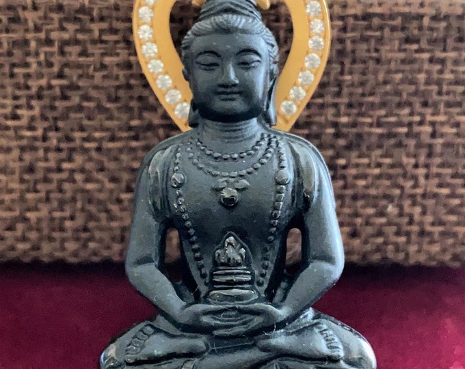Vintage Natural Black Jadeite Jade Medicine Buddha 14K Plate on Sterling Silver Pendant Necklace 28''