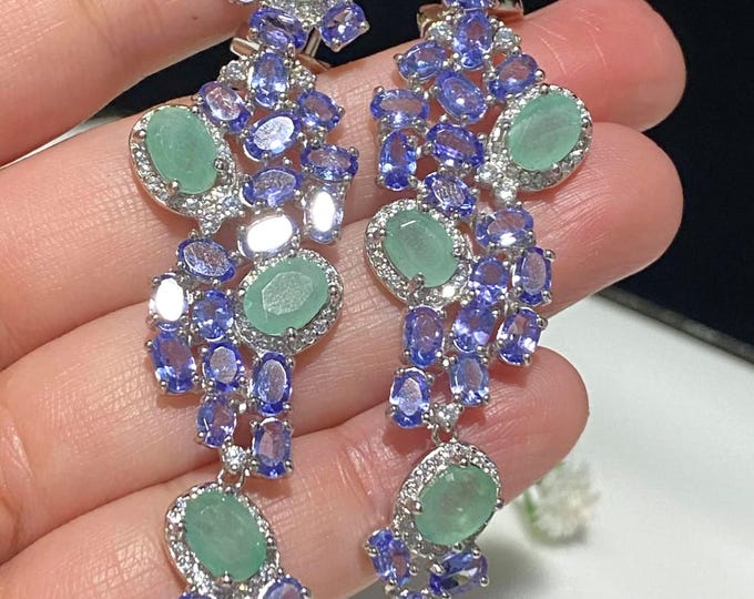 Vintage Sterling Silver Natural Emerald & Tanzanite, White Topaz Dangle Earrings.
