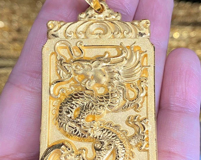 9999 Pure 24k Gold 3D Dragon Two Side Vintage Pendant.