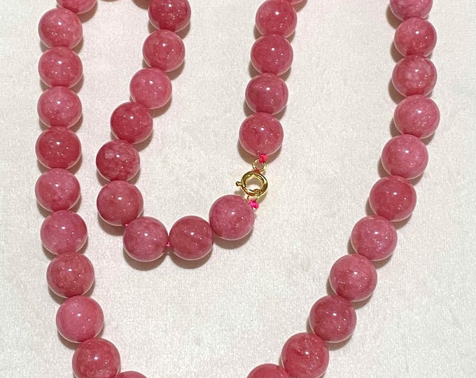 Vintage 14K Solid Gold Translucent Red Pink Jadeite Jade Necklace 24'' Length