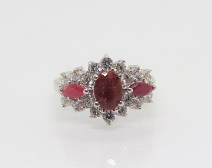 Vintage Sterling Silver Natural Rubies & White Topaz Ring Size 6