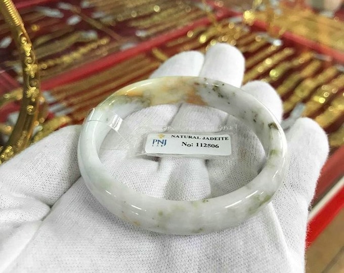 Translucent Natural Honey, White, Orange Jadeite Jade Vintage Bangle Bracelet 55.6MM