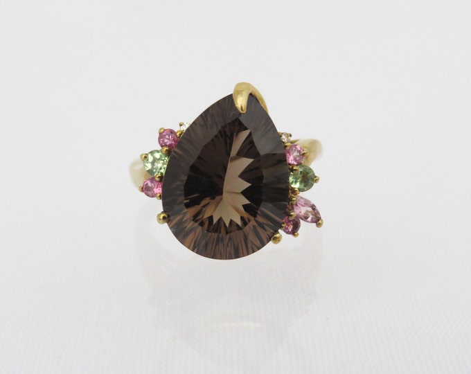Vintage 10K Solid YG 9.44ct Smokey Topaz, Peridot, Pink Sapphire & Diamond Ring Size 7