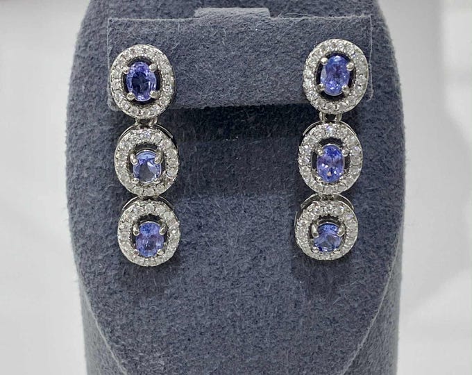Vintage Sterling Silver Natural Tanzanite & White Topaz Dangle Earrings.