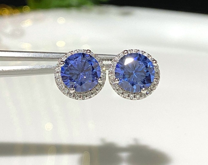 Vintage Sterling Silver Round cut Tanzanite & White Topaz Halo Earrings