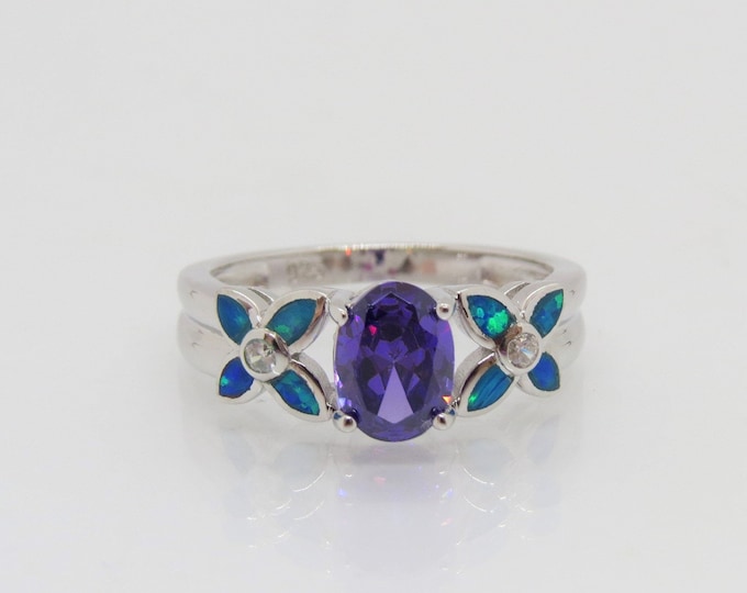 Vintage Sterling Silver Amethyst, Blue Opal & White Topaz Cocktail Ring Size 8